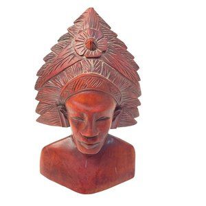Unbranded Hand Carved Wood Bust Unisex Small‎ Brown Tribal Headdress Folk Art